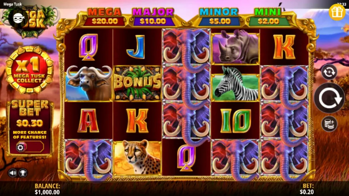 Pemandangan savana Afrika yang indah di slot Mega Tusk