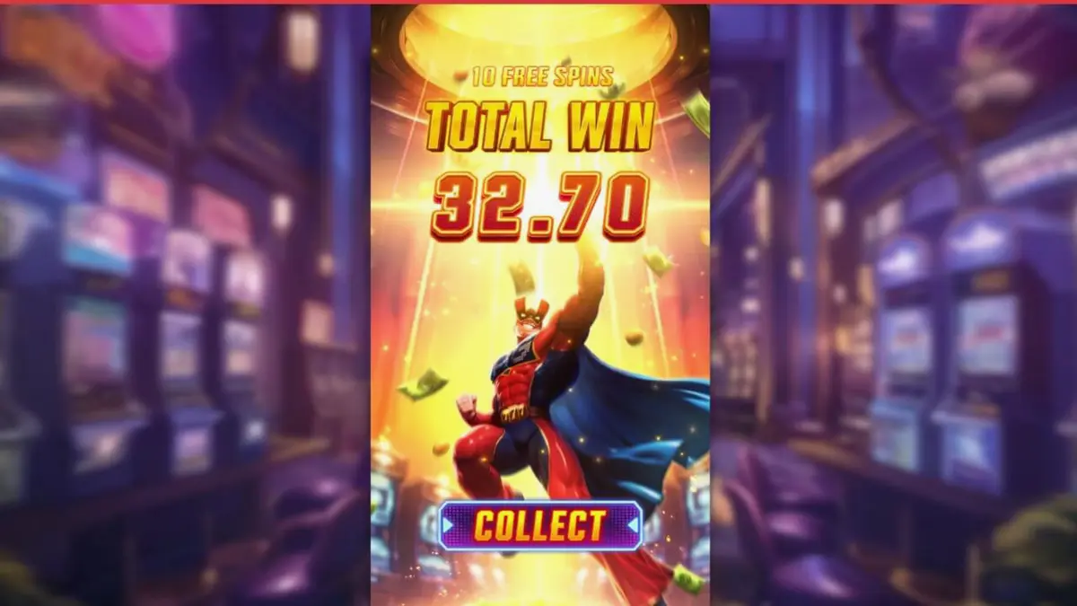 Pahlawan super berdiri di depan latar belakang neon kota Neonshine dalam slot Super Wildrix